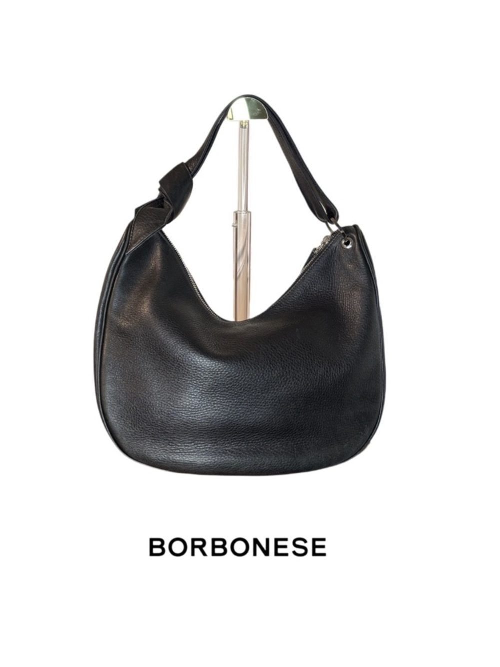 Borbonese Black Pebbled Leather Hobo Shoulder Bag